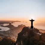 Aerial View of Christ de Redeemer during sunrise in Rio de Janeiro, Brazil