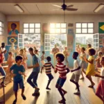 dalle 2024 10 16 22 01 14 a lively scene of children dancing in a classroom in rio de janeiro the classroom is bright and colorful with posters on the walls and windows letti 1024x585 1