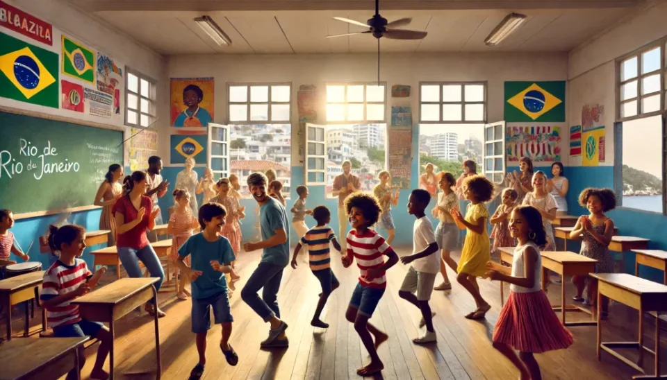 dalle 2024 10 16 22 01 14 a lively scene of children dancing in a classroom in rio de janeiro the classroom is bright and colorful with posters on the walls and windows letti 1024x585 1