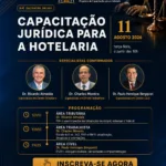 Arte do PROENH-RJ anunciando a Capacitação Jurídica para a Hotelaria, encontro online em 11 de agosto de 2026, com os especialistas Ricardo Almeida, Charles Moreira e Paulo Henrique Bergqvist