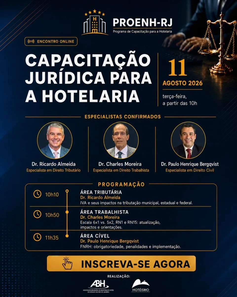 Arte do PROENH-RJ anunciando a Capacitação Jurídica para a Hotelaria, encontro online em 11 de agosto de 2026, com os especialistas Ricardo Almeida, Charles Moreira e Paulo Henrique Bergqvist