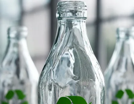 Garrafas de vidro transparentes alinhadas, com folhas verdes, representando a reciclagem e a logística reversa do vidro na hotelaria