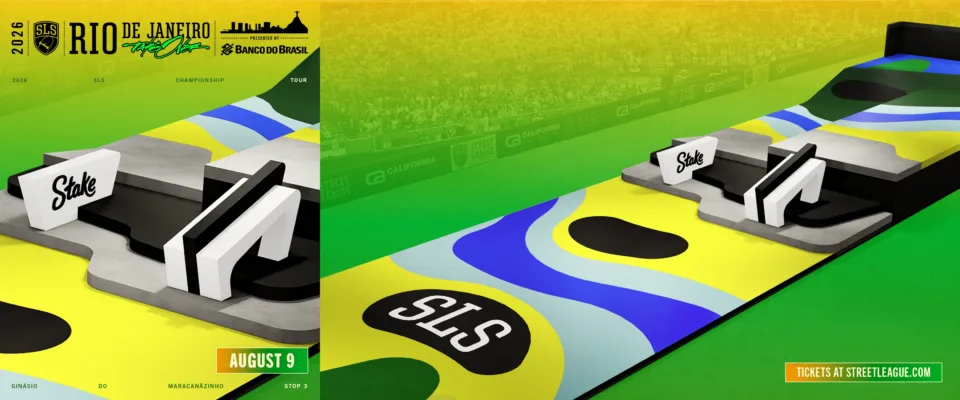 Projeto da pista do SLS Takeover Rio revelado pela organizacao, com obstaculos em cores vibrantes inspirados nas montanhas e praias do Rio de Janeiro, para o evento no Maracanazinho