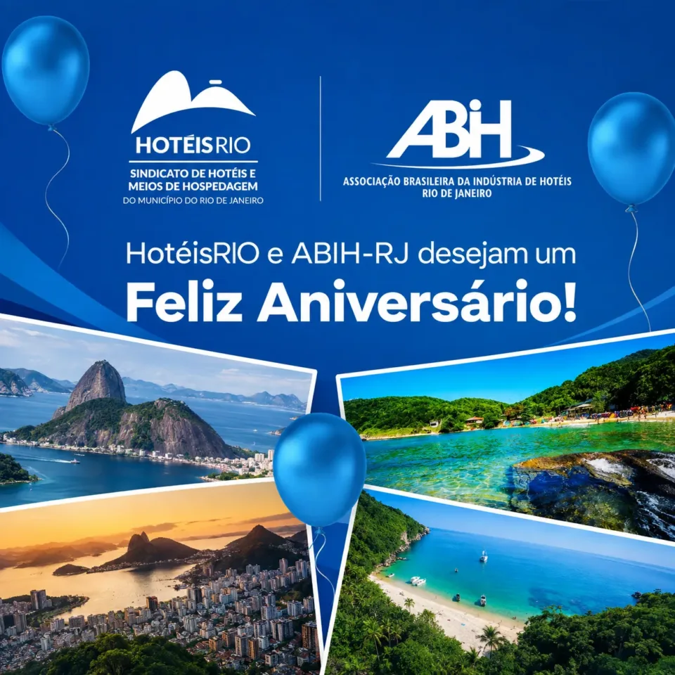Arte do HotéisRIO e da ABIH-RJ desejando feliz aniversário aos associados, com balões azuis e fotos de paisagens do Rio de Janeiro
