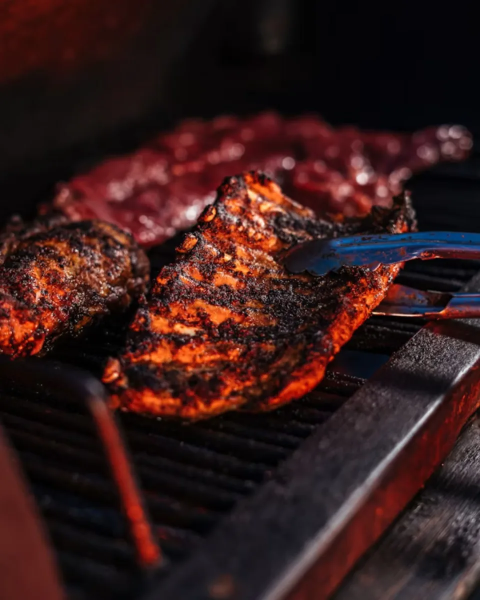 Costela e cortes de carne assando na grelha de uma churrasqueira, com pinça segurando uma das peças, durante festival de churrasco