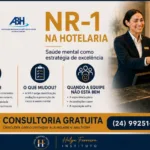 Arte da campanha NR-1 na Hotelaria com os selos HotéisRIO e ABIH-RJ e destaques sobre turnover, mudancas da NR-1 e impacto de equipes adoecidas na experiencia do hospede