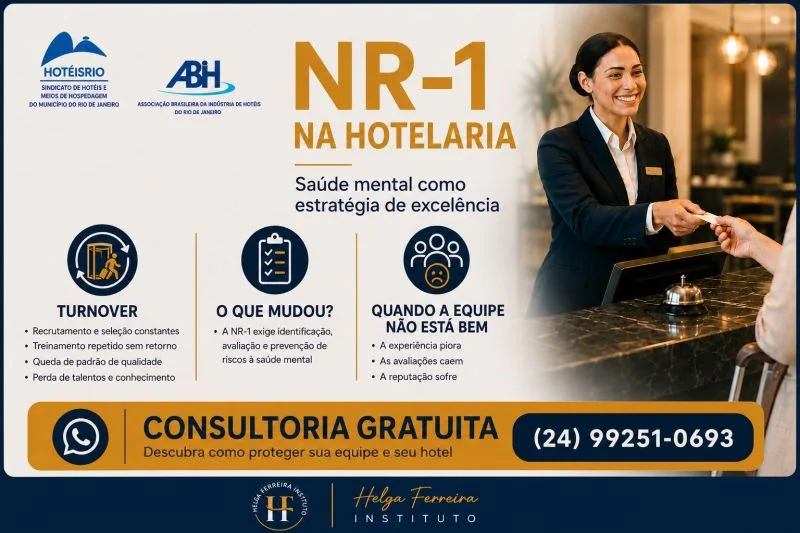 Arte da campanha NR-1 na Hotelaria com os selos HotéisRIO e ABIH-RJ e destaques sobre turnover, mudancas da NR-1 e impacto de equipes adoecidas na experiencia do hospede