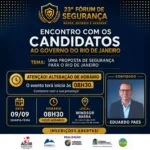 Arte oficial do 23º Fórum de Segurança da Barra, Recreio e Vargens — encontro com os candidatos ao governo do Rio de Janeiro, em 9 de setembro de 2026