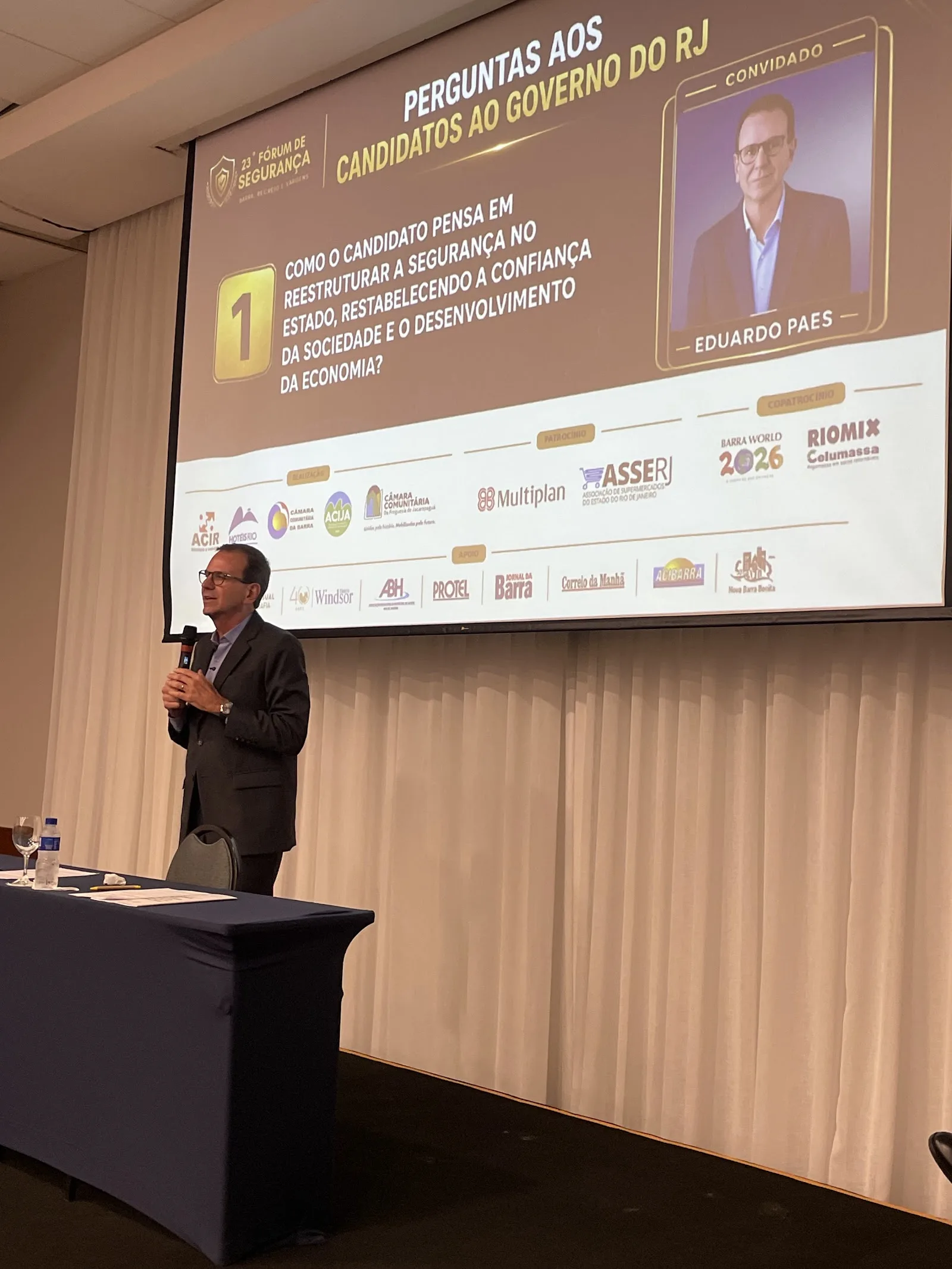 Registro da 23ª edição do Fórum de Segurança do HotéisRIO e ACIR com o candidato Eduardo Paes, no Rio de Janeiro