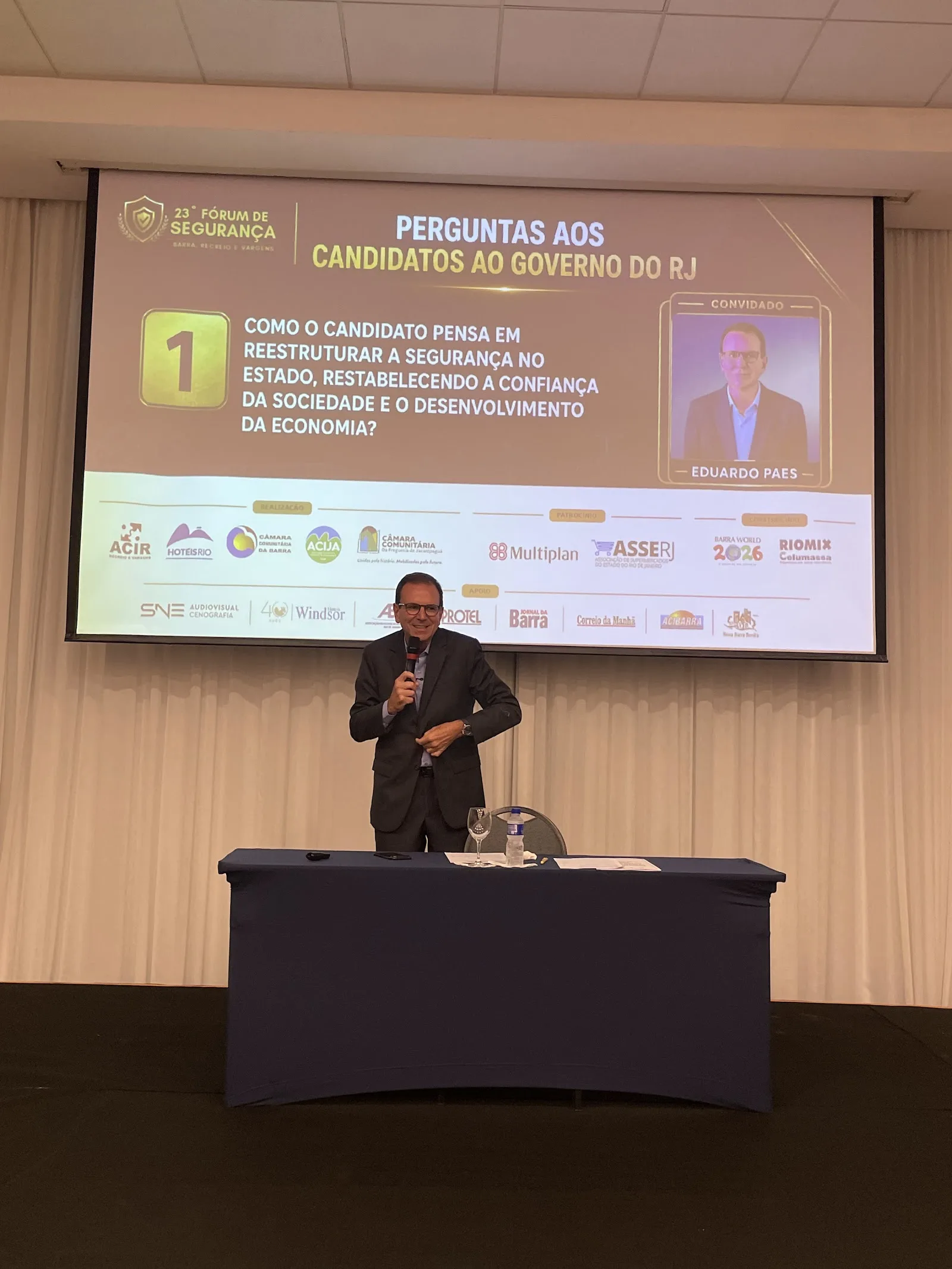 Registro da 23ª edição do Fórum de Segurança do HotéisRIO e ACIR com o candidato Eduardo Paes, no Rio de Janeiro