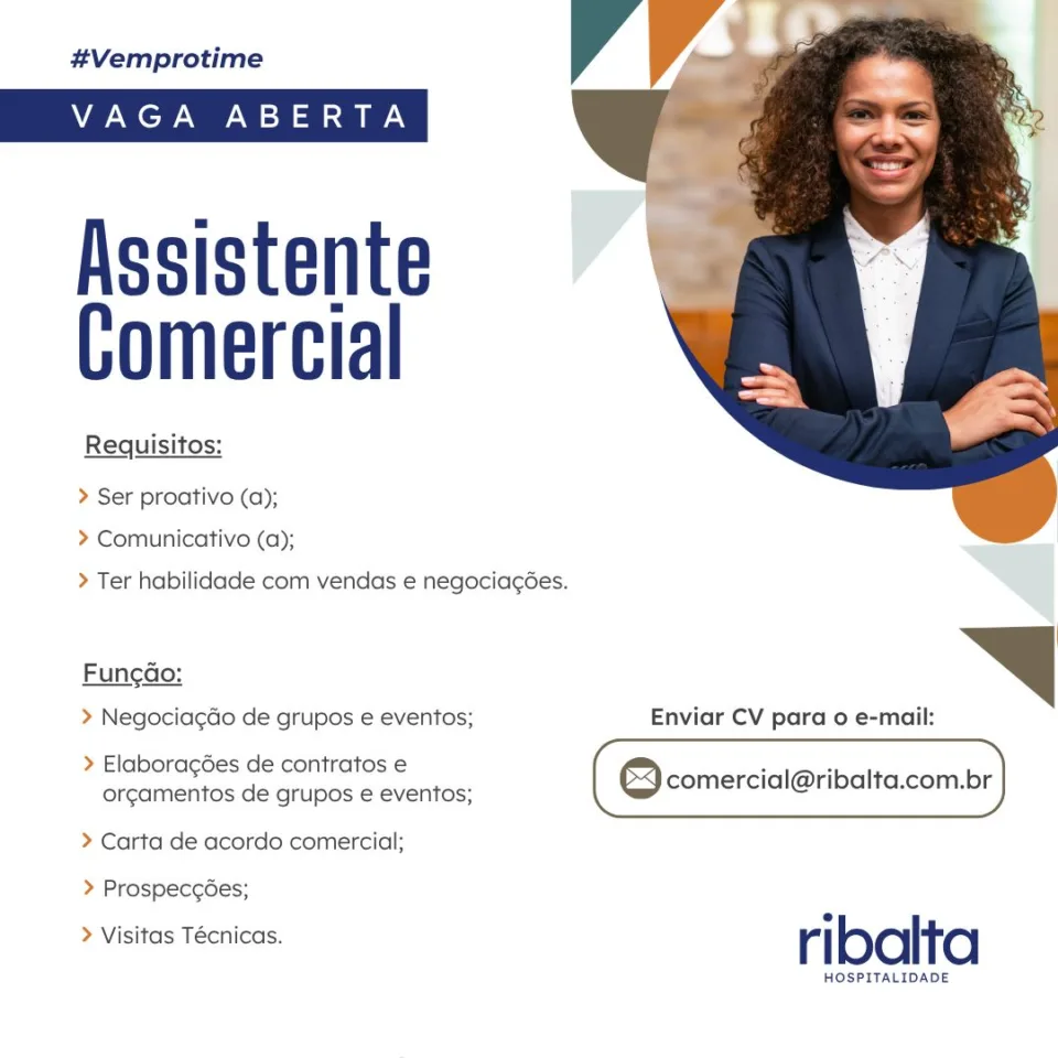Anúncio da Ribalta Hospitalidade para Assistente Comercial, com requisitos, atribuições e e-mail comercial@ribalta.com.br.