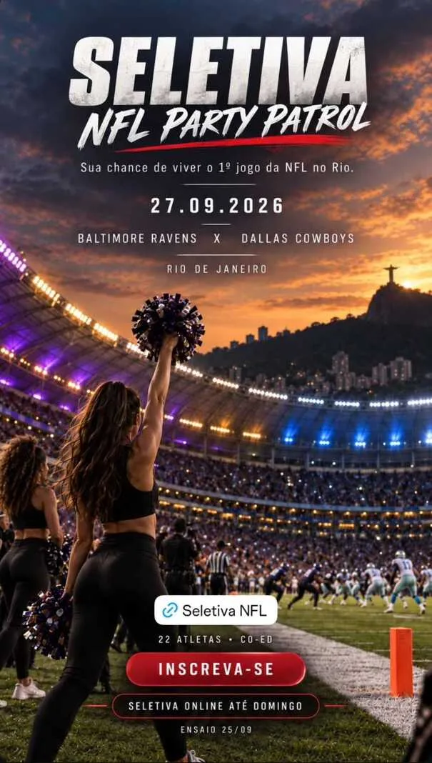 Divulgação da seletiva de atletas de cheerleading para a NFL Party Patrol no Maracanã