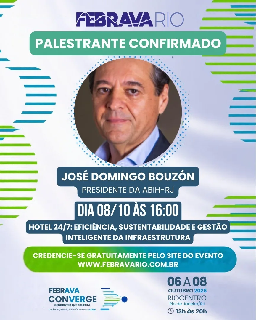 Arte de divulgação da FEBRAVA RIO 2026 anunciando José Domingo Bouzón, presidente da ABIH-RJ, como palestrante confirmado