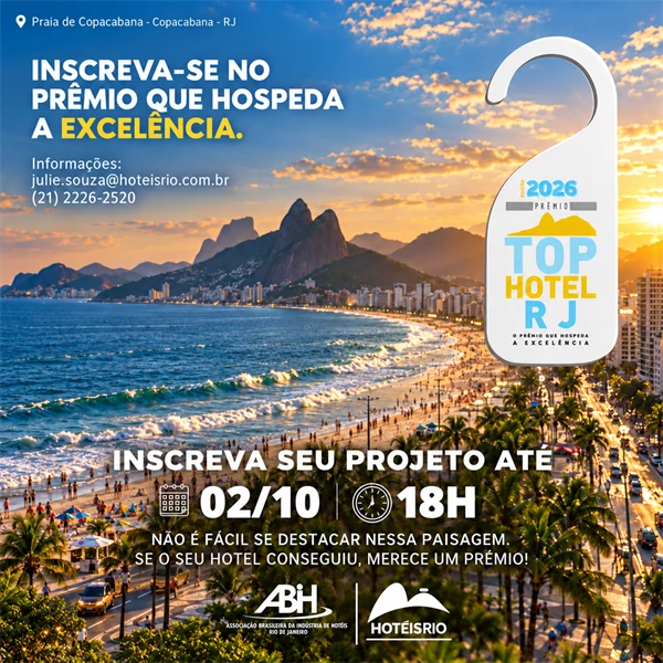 Arte de divulgação do Prêmio Top Hotel RJ 2026, com tag de porta sobre foto aérea da Praia de Copacabana e o prazo de inscrição até 02/10 às 18h
