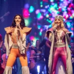 Cantoras do espetáculo Abba Experience no palco com figurinos da era disco