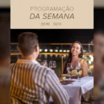 Casal jantando à noite em arte da programação da semana do Arena Hotels & Suites