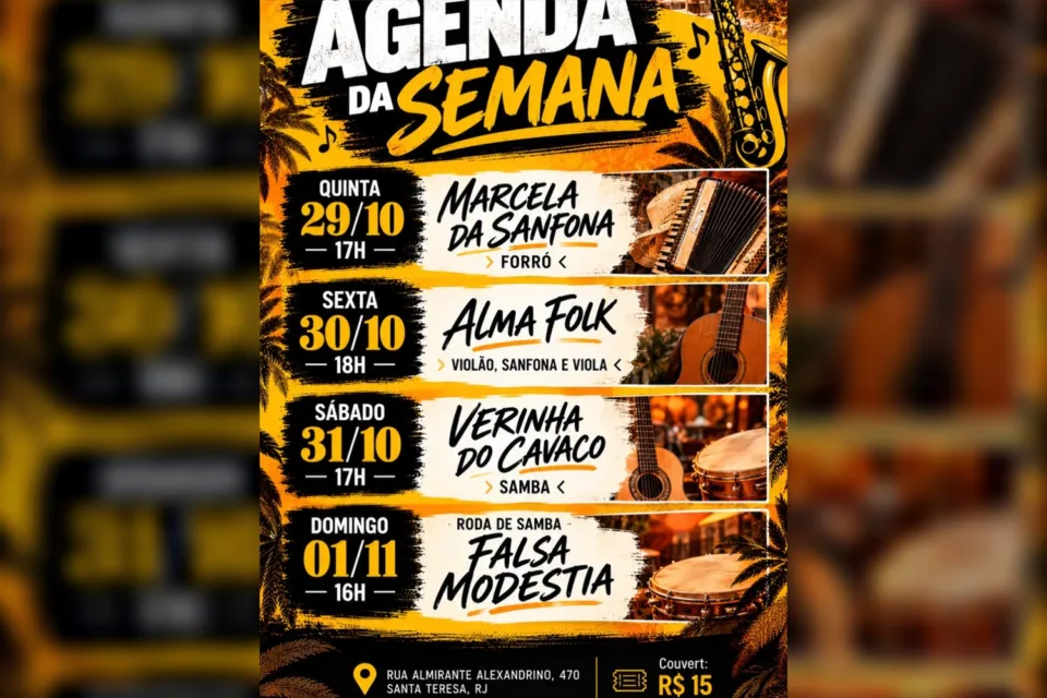 Arte da agenda da semana do Armazém São Joaquim, em Santa Teresa, com forró, folk e samba