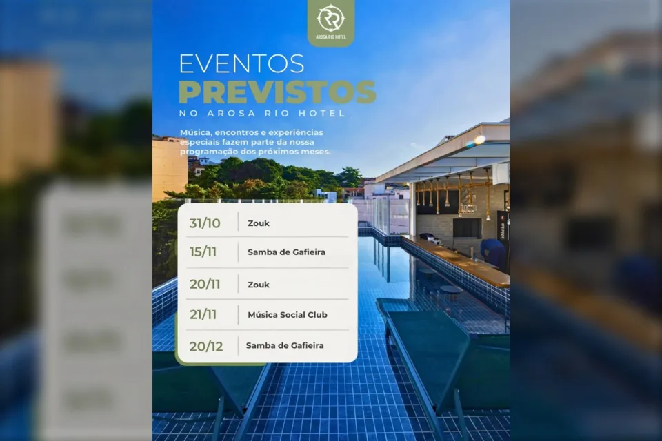 Arte de eventos previstos sobre a piscina do rooftop do Arosa Rio Hotel, no Centro do Rio