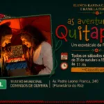 Arte de divulgação do espetáculo infantil As Aventuras de Quitapena, com as atrizes Karina Cavalcanti e Kamilla Ferreira