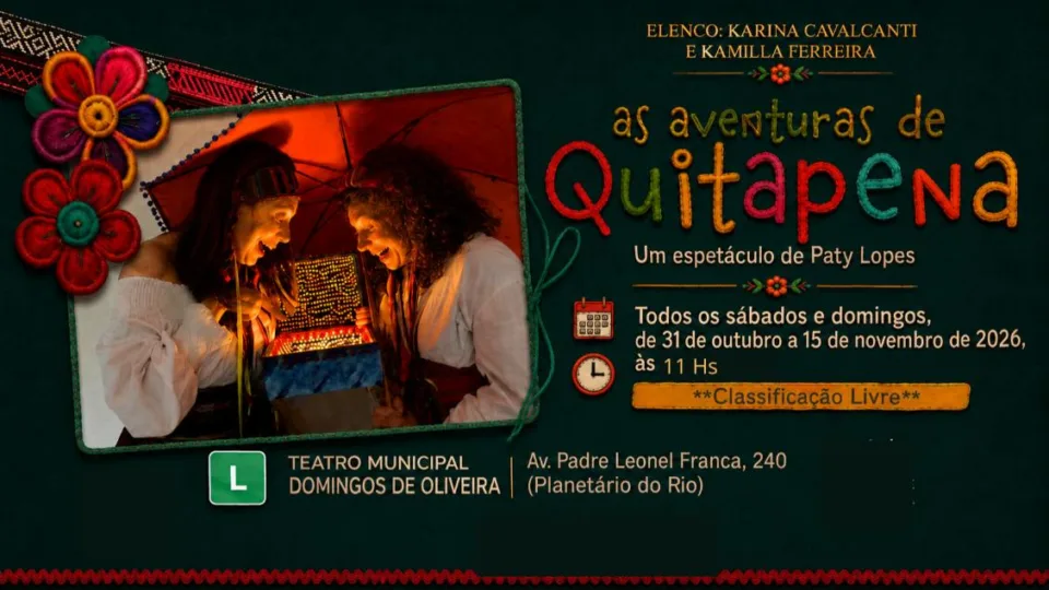 Arte de divulgação do espetáculo infantil As Aventuras de Quitapena, com as atrizes Karina Cavalcanti e Kamilla Ferreira