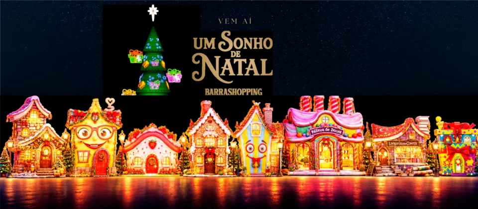 Arte oficial de "Um Sonho de Natal BarraShopping", com árvore iluminada e casas cenográficas coloridas da Vila de Natal