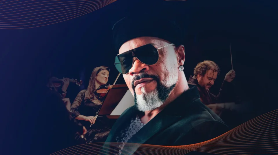 Arte de divulgação do SulAmérica Sessions com Carlinhos Brown de óculos escuros e músicos da Orquestra Ouro Preto ao fundo