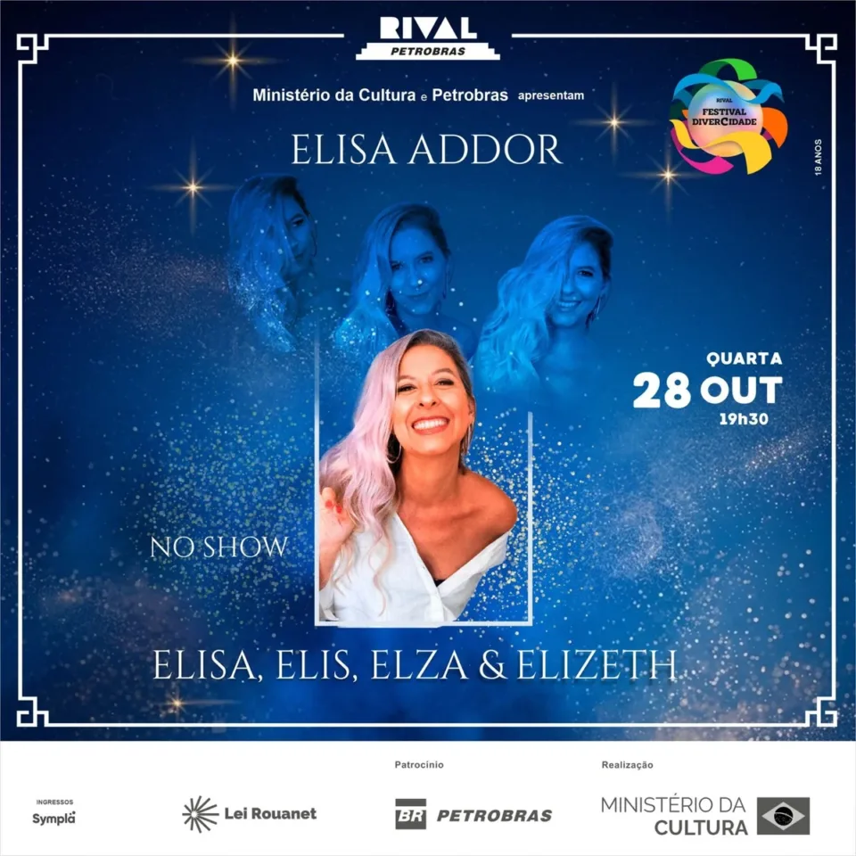 Arte de divulgação do show “Elisa, Elis, Elza & Elizeth”, de Elisa Addor, no Teatro Rival Petrobras