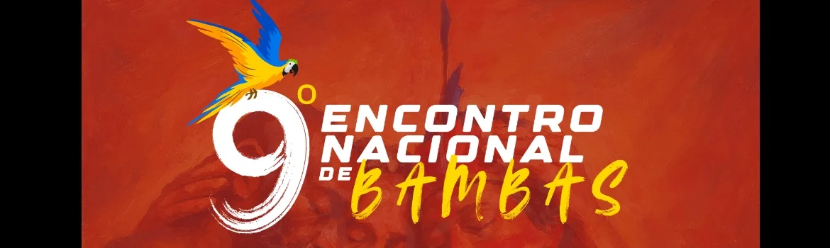 Arte oficial do 9º Encontro Nacional de Bambas, com arara e o título do evento sobre fundo vermelho