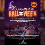 Arte do café da manhã de Halloween do eSuites Recreio, com cesta de pães decorados com caveiras e teias