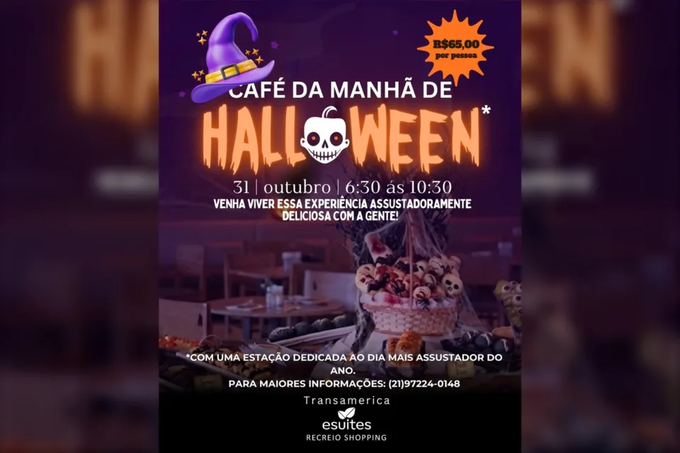 Arte do café da manhã de Halloween do eSuites Recreio, com cesta de pães decorados com caveiras e teias