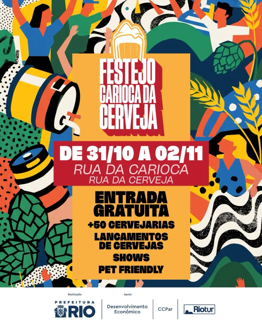 Cartaz oficial do Festejo Carioca da Cerveja, de 31/10 a 2/11 na Rua da Carioca, com entrada gratuita