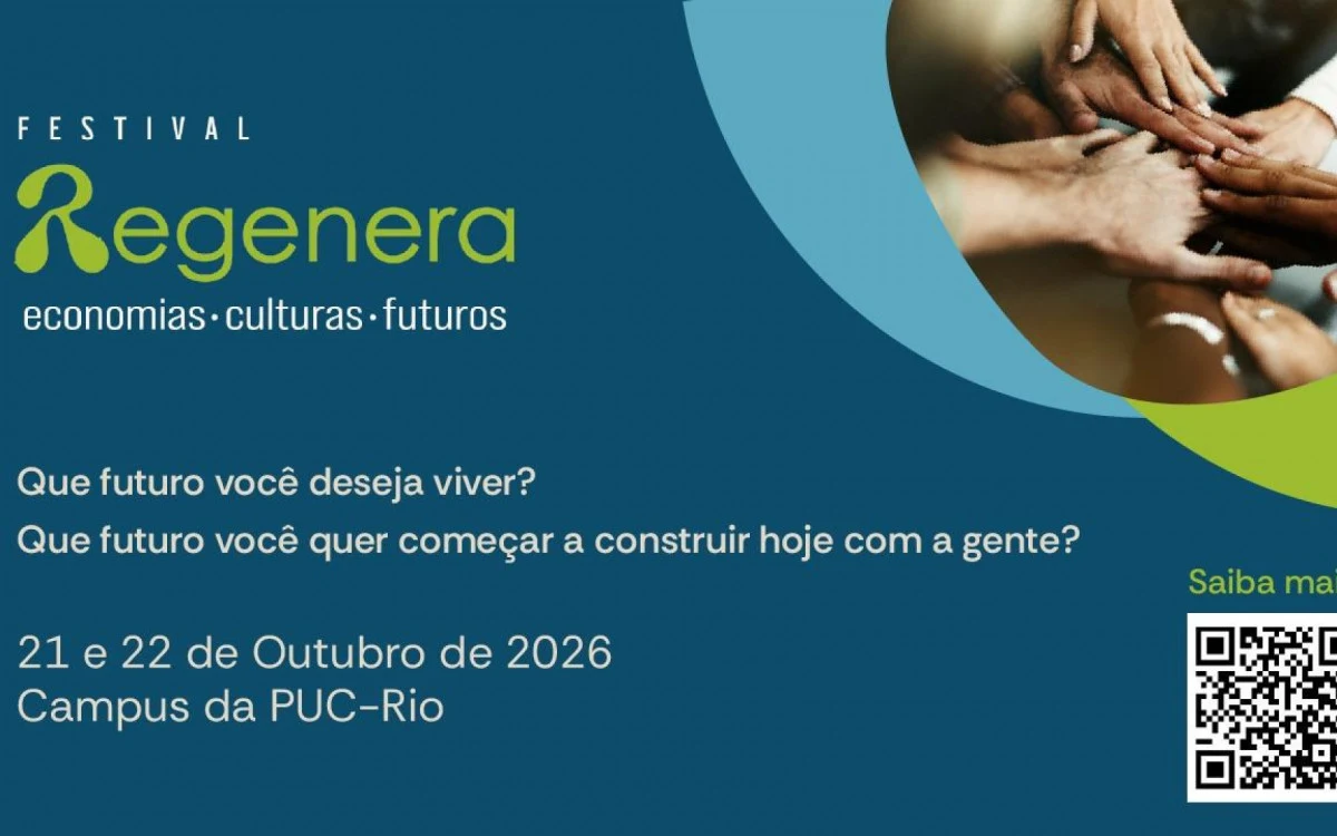 Arte de divulgação do Festival Regenera – economias, culturas e futuros, em 21 e 22 de outubro de 2026 no campus da PUC-Rio
