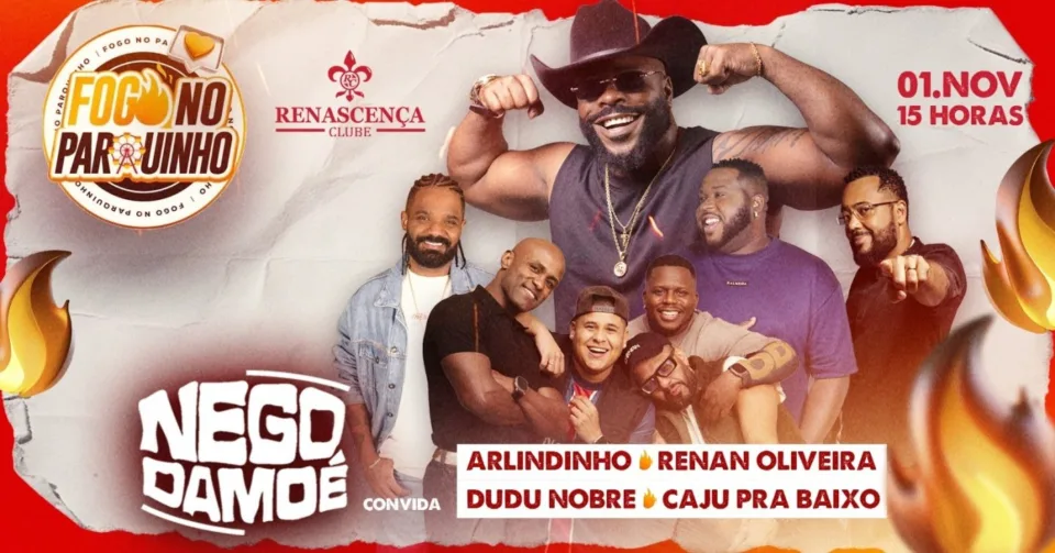 Cartaz do Fogo no Parquinho no Renascença Clube, com Nego Damoé e convidados, em 1º de novembro