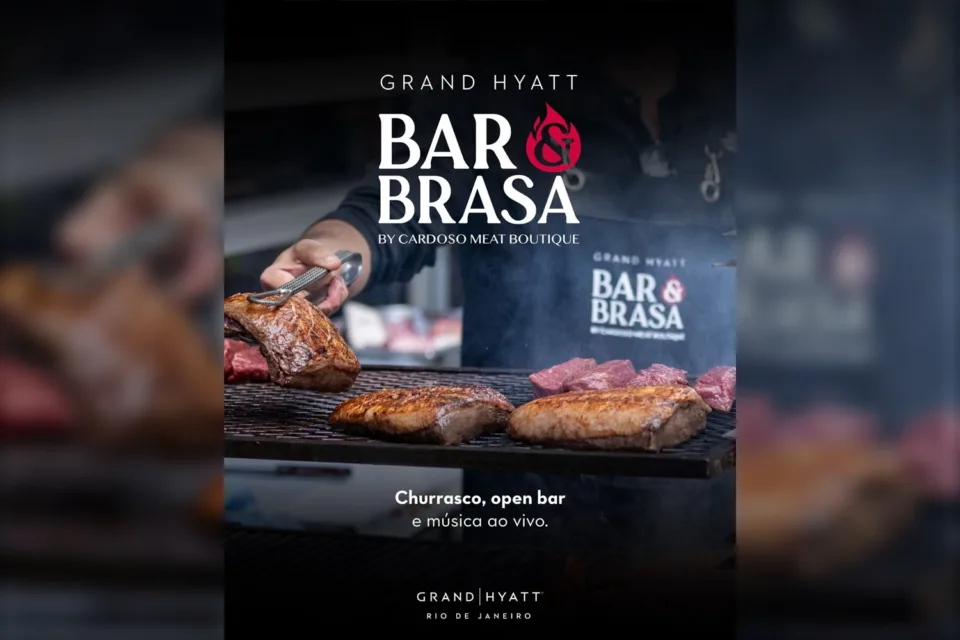 Arte do Bar & Brasa do Grand Hyatt Rio de Janeiro com cortes de carne na grelha