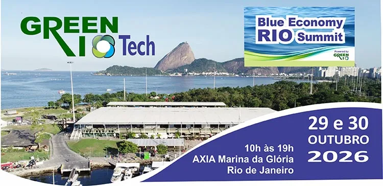 Arte de divulgação do Green Rio Tech e do Blue Economy Rio Summit 2026 com a Marina da Glória e o Pão de Açúcar