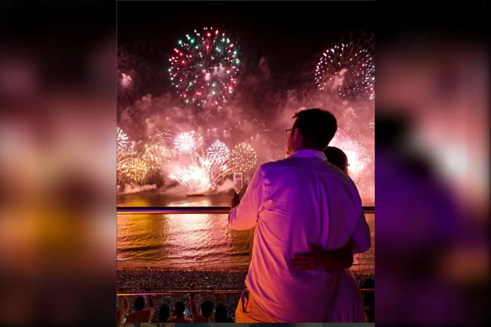 Casal brinda com espumante diante da queima de fogos de Copacabana, no Réveillon do Hilton Rio Copacabana