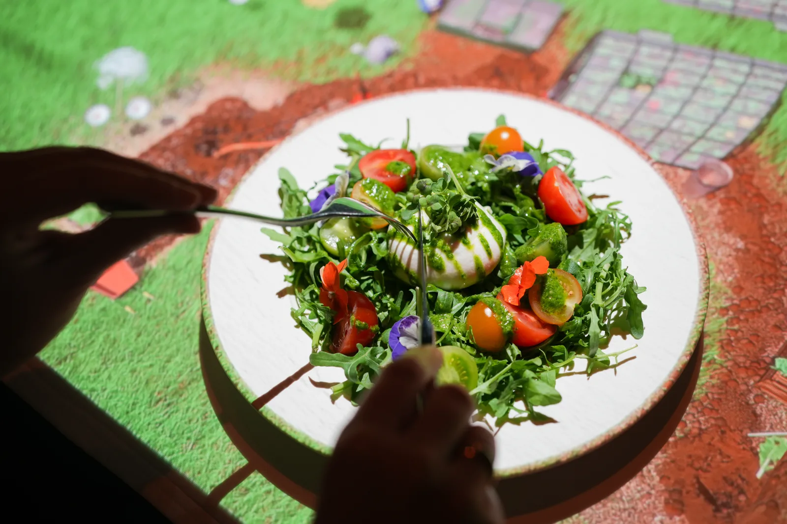 Prato servido sobre mesa com projeção 3D da experiência Le Petit Chef