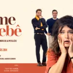 Arte de divulgação da peça O Nome do Bebê, com Bianca Bin em primeiro plano e os demais atores do elenco ao fundo
