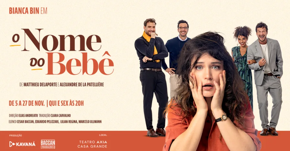 Arte de divulgação da peça O Nome do Bebê, com Bianca Bin em primeiro plano e os demais atores do elenco ao fundo