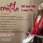 Cartaz da ópera Domitila com a soprano Georgia Szpílman segurando cartas