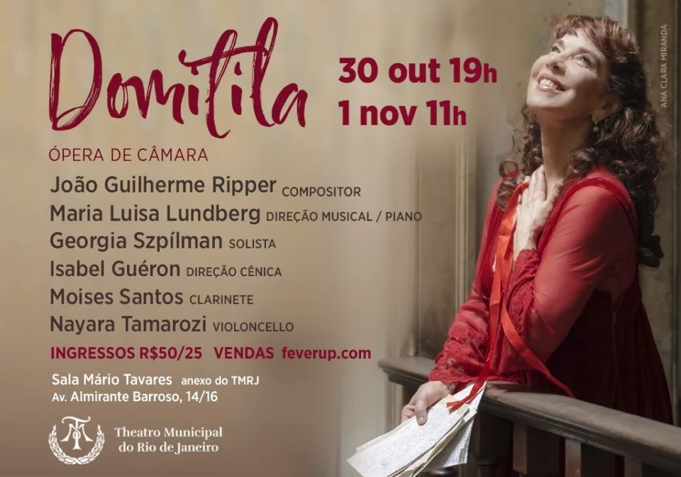 Cartaz da ópera Domitila com a soprano Georgia Szpílman segurando cartas