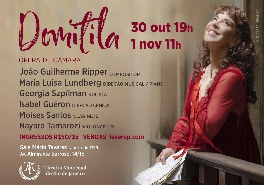 Cartaz da ópera Domitila com a soprano Georgia Szpílman segurando cartas