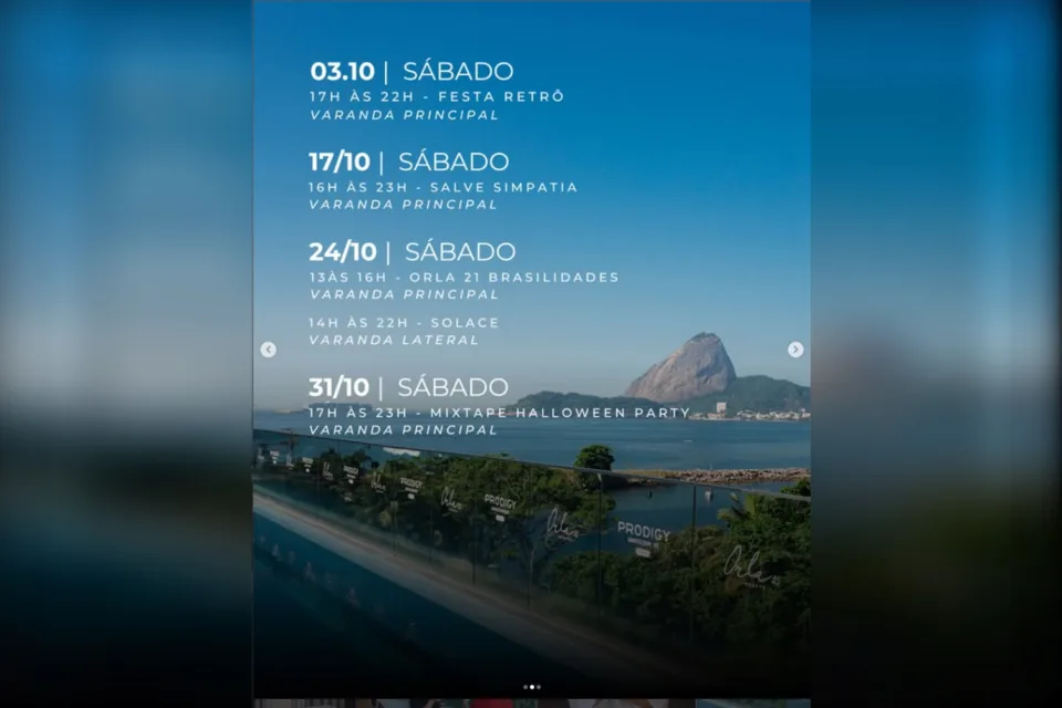 Programação de outubro do Orla 21 Rooftop, no Prodigy Santos Dumont