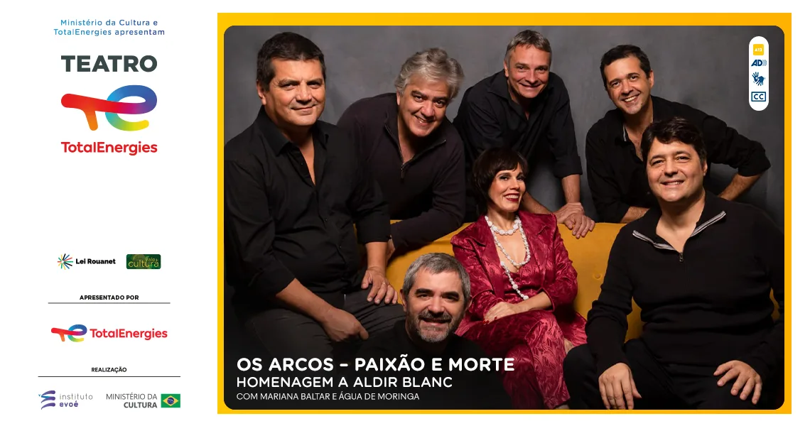 Mariana Baltar e os músicos do Água de Moringa na arte do espetáculo Os Arcos – Paixão e Morte