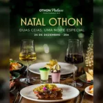 Arte do Natal do Othon Palace Copacabana Rio com taças de vinho e pratos da ceia
