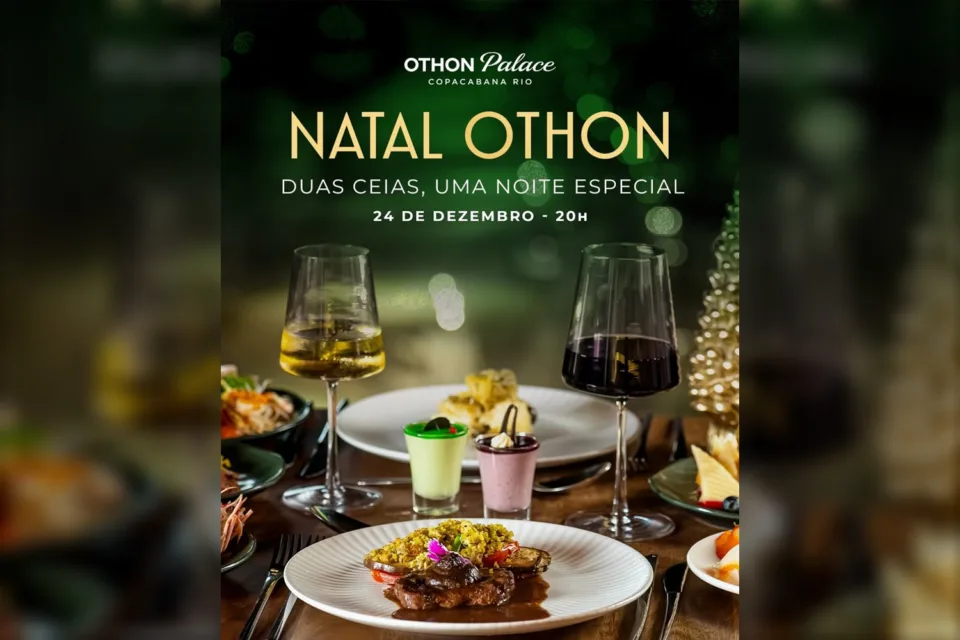 Arte do Natal do Othon Palace Copacabana Rio com taças de vinho e pratos da ceia