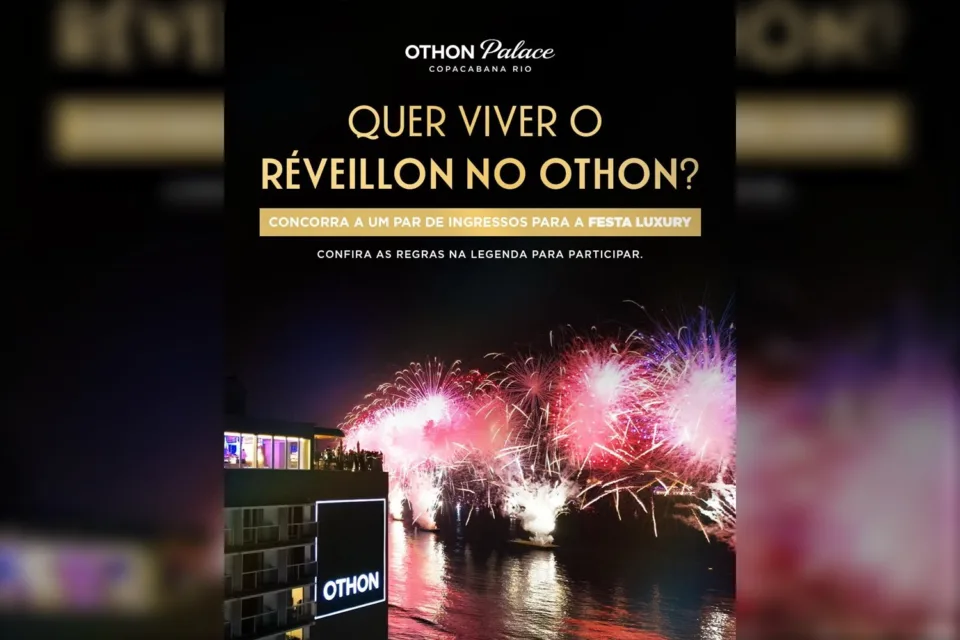 Arte do Réveillon do Othon Palace Copacabana Rio com fogos de artifício sobre a orla