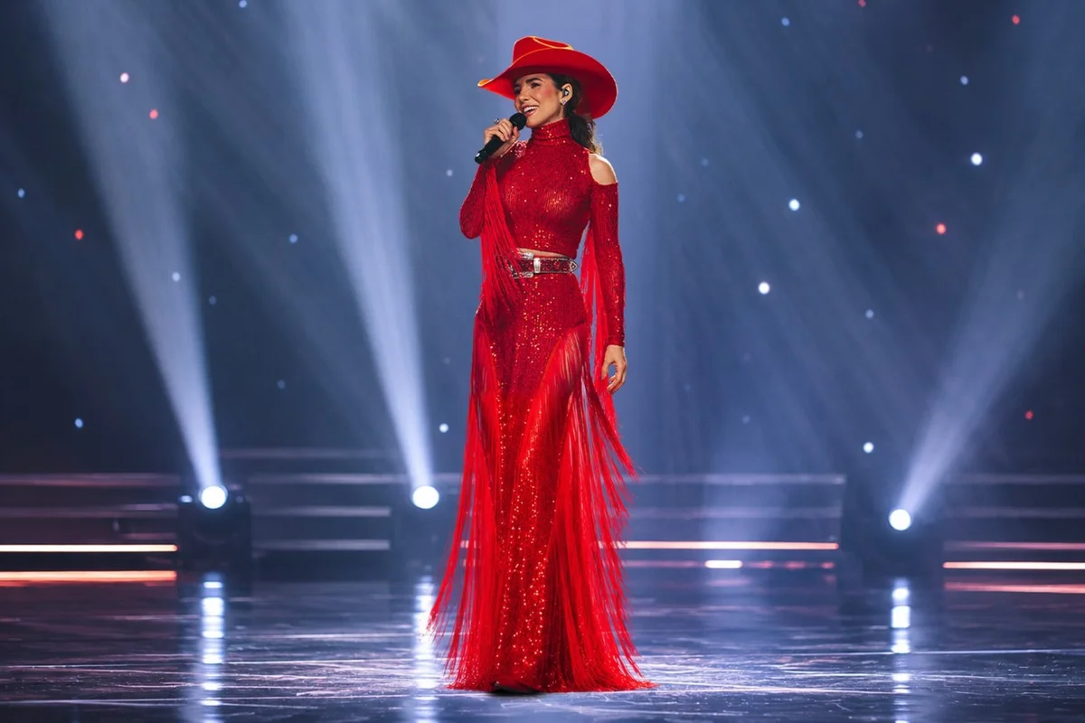 Paula Fernandes canta no palco com vestido e chapéu vermelhos