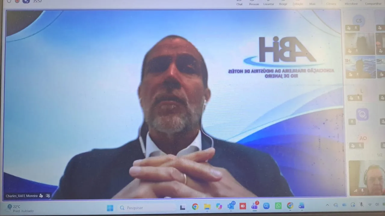 Reuniao online de diretoria da ABIH-RJ sobre temas trabalhistas, com a assessoria juridica e o secretario de Estado de Turismo
