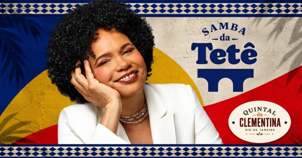 Arte oficial do Samba da TT com a cantora Teresa Cristina sorrindo e o logotipo do Quintal da Clementina